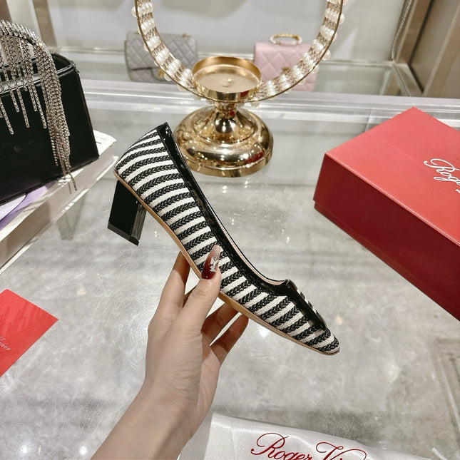 ROGER VIVIER 25S TROMPETTE BALLERINAS 45MM IN BLACK PLAID PATTERN CANVAS