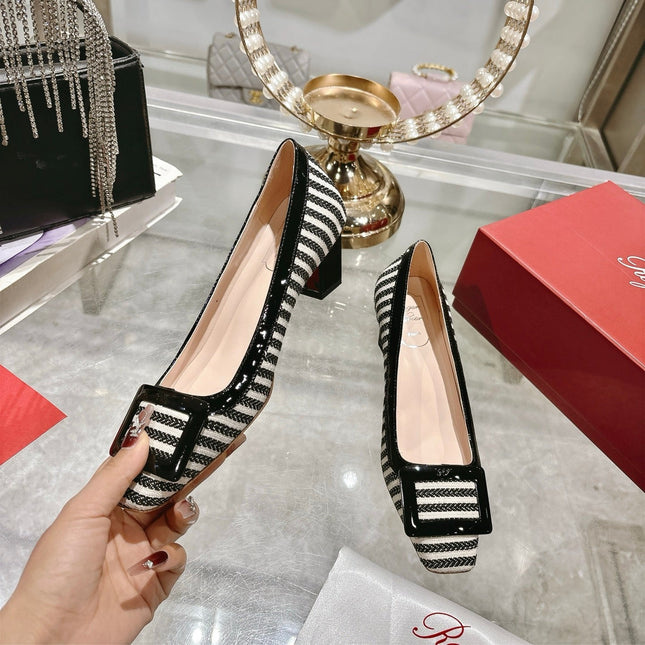 ROGER VIVIER 25S TROMPETTE BALLERINAS 45MM IN BLACK PLAID PATTERN CANVAS