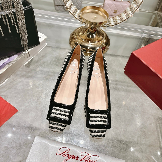 ROGER VIVIER 25S TROMPETTE BALLERINAS 45MM IN BLACK PLAID PATTERN CANVAS