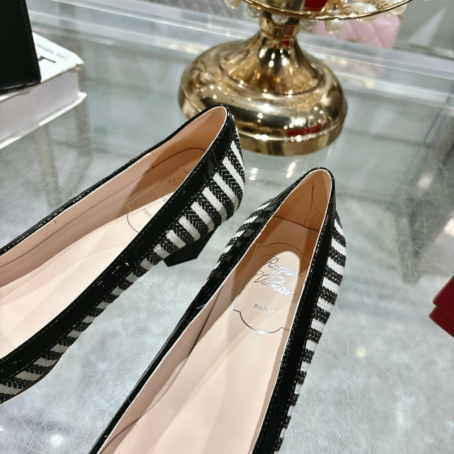 ROGER VIVIER 25S TROMPETTE BALLERINAS 45MM IN BLACK PLAID PATTERN CANVAS