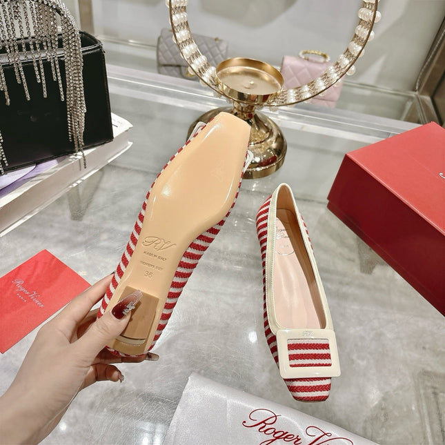 ROGER VIVIER 25S TROMPETTE BALLERINAS 25MM IN RED PLAID PATTERN CANVAS