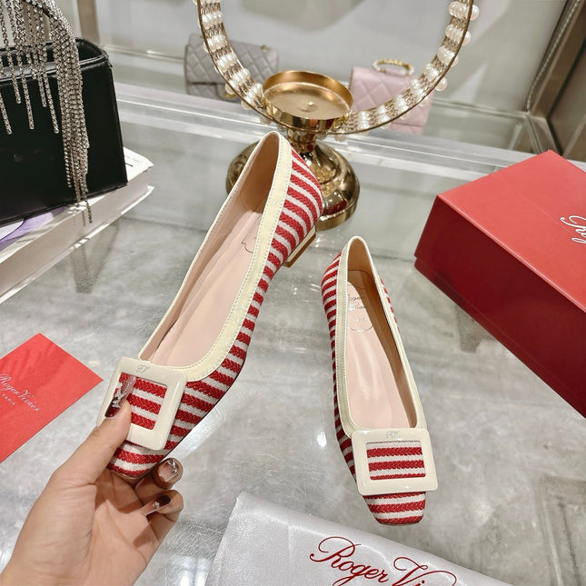 ROGER VIVIER 25S TROMPETTE BALLERINAS 25MM IN RED PLAID PATTERN CANVAS