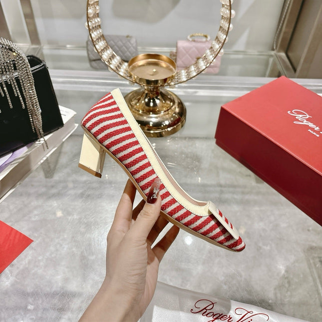 ROGER VIVIER 25S TROMPETTE BALLERINAS 45MM IN RED PLAID PATTERN CANVAS