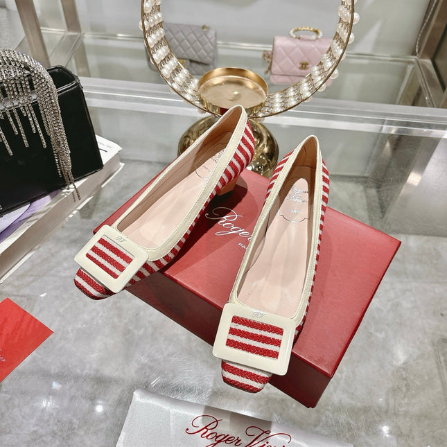 ROGER VIVIER 25S TROMPETTE BALLERINAS 45MM IN RED PLAID PATTERN CANVAS