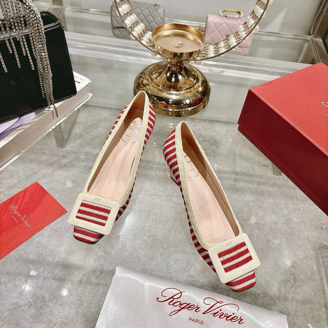 ROGER VIVIER 25S TROMPETTE BALLERINAS 45MM IN RED PLAID PATTERN CANVAS