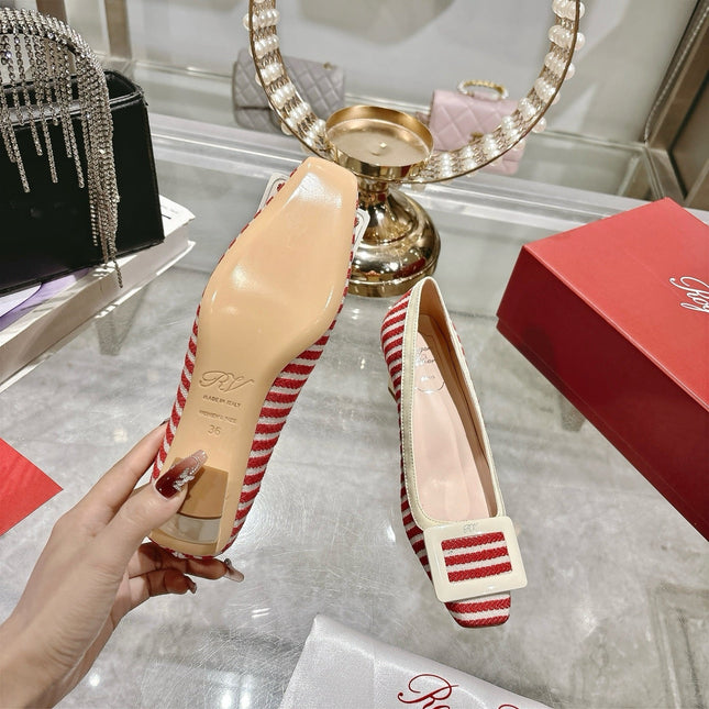 ROGER VIVIER 25S TROMPETTE BALLERINAS 45MM IN RED PLAID PATTERN CANVAS