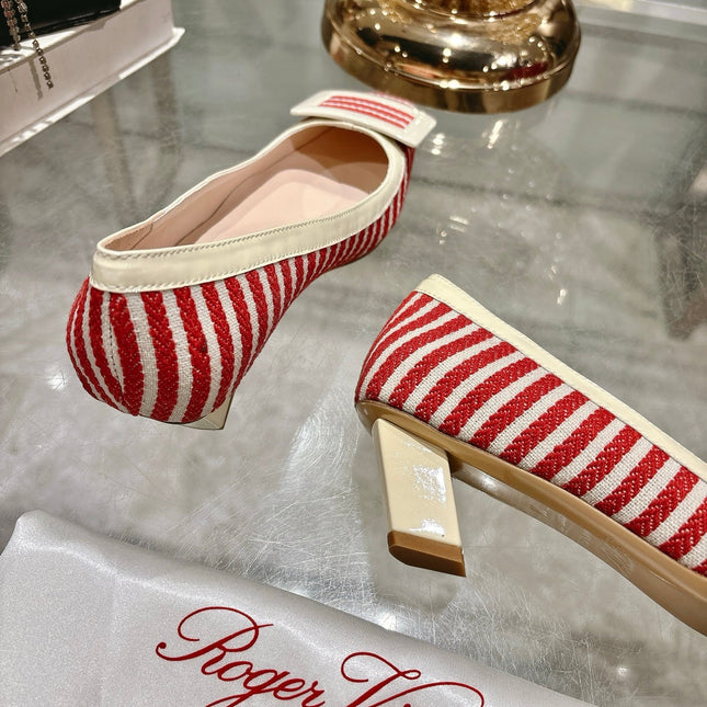 ROGER VIVIER 25S TROMPETTE BALLERINAS 45MM IN RED PLAID PATTERN CANVAS