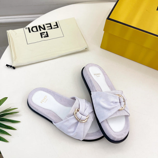 FENDI FLAT SLIPPER IN WHITE JACQUARD FABRIC WITH GOLD HARDWARE