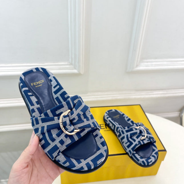 FENDI FLAT SLIPPER IN NAVY BLUE MONOGRAM JACQUARD FABRIC WITH GOLD HARDWARE