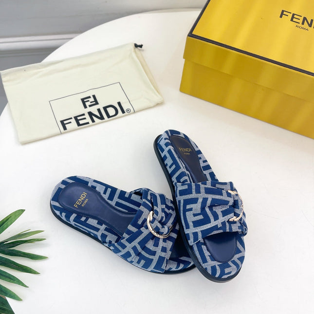 FENDI FLAT SLIPPER IN NAVY BLUE MONOGRAM JACQUARD FABRIC WITH GOLD HARDWARE
