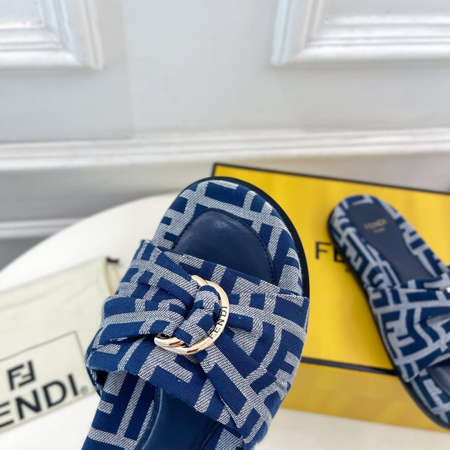 FENDI FLAT SLIPPER IN NAVY BLUE MONOGRAM JACQUARD FABRIC WITH GOLD HARDWARE