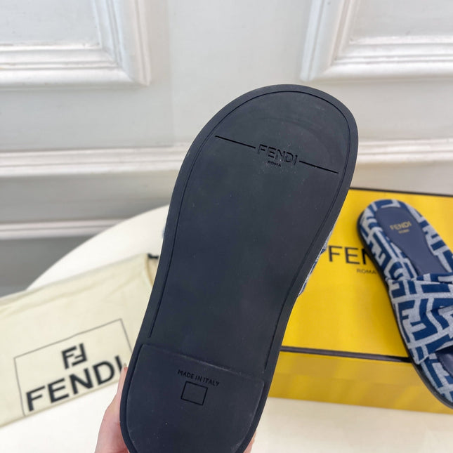FENDI FLAT SLIPPER IN NAVY BLUE MONOGRAM JACQUARD FABRIC WITH GOLD HARDWARE