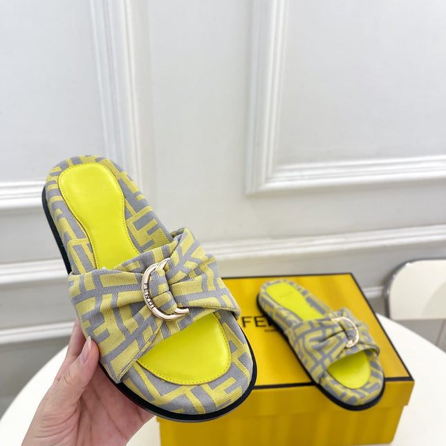 FENDI FLAT SLIPPER IN YELLOW MIX GREY MONOGRAM JACQUARD FABRIC WITH GOLD HARDWARE