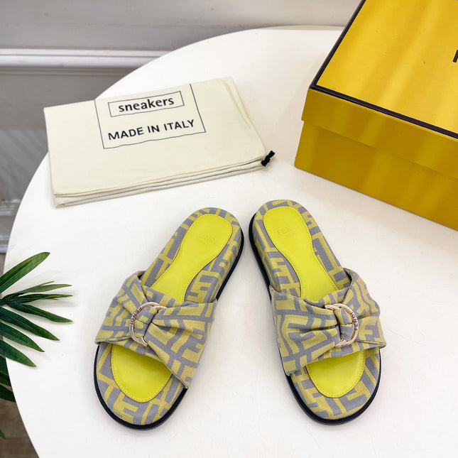 FENDI FLAT SLIPPER IN YELLOW MIX GREY MONOGRAM JACQUARD FABRIC WITH GOLD HARDWARE