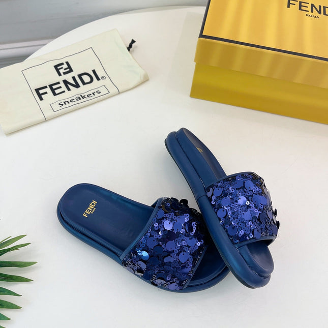 FENDI THICK SOLE 3 CM SEQUIN SLIPPER NAVY BLUE