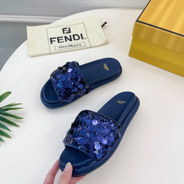 FENDI THICK SOLE 3 CM SEQUIN SLIPPER NAVY BLUE