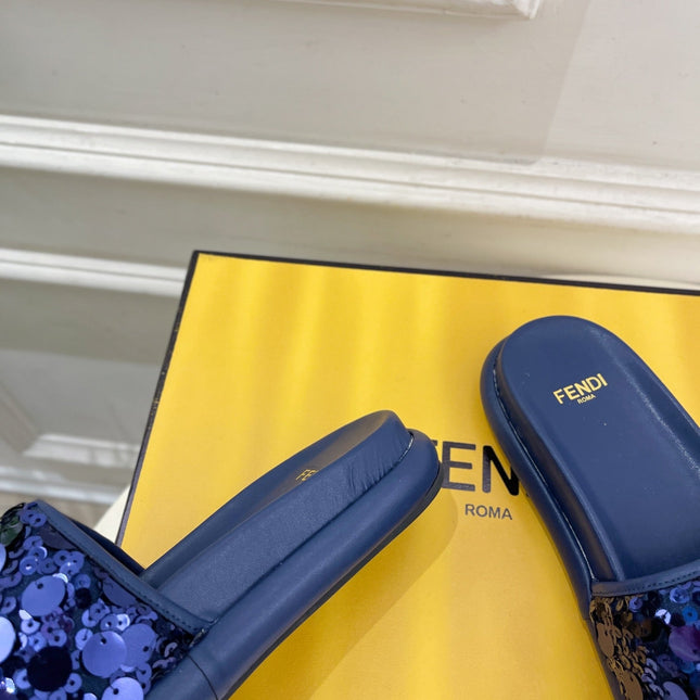 FENDI THICK SOLE 3 CM SEQUIN SLIPPER NAVY BLUE
