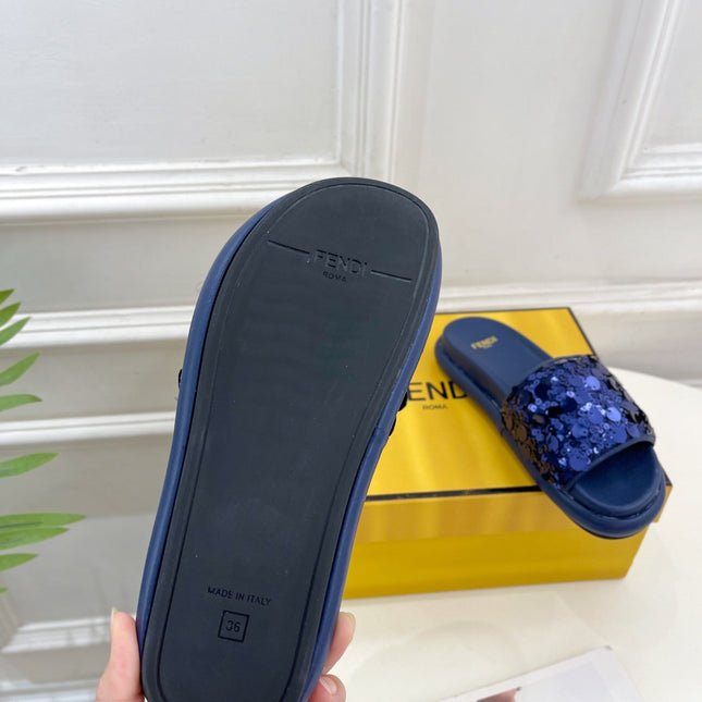 FENDI THICK SOLE 3 CM SEQUIN SLIPPER NAVY BLUE