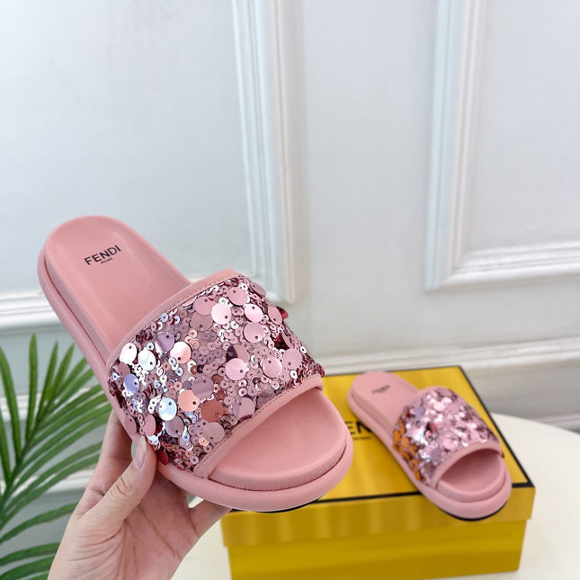 FENDI THICK SOLE 3 CM SEQUIN SLIPPER ROUGH PINK