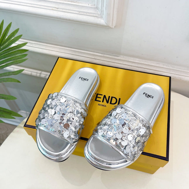 FENDI THICK SOLE 3 CM SEQUIN SLIPPER SILVER