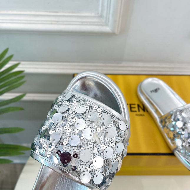 FENDI THICK SOLE 3 CM SEQUIN SLIPPER SILVER