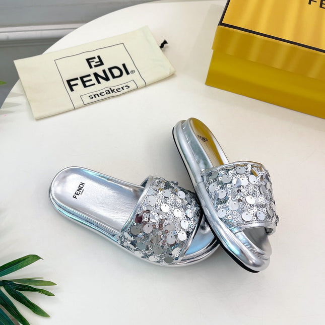 FENDI THICK SOLE 3 CM SEQUIN SLIPPER SILVER