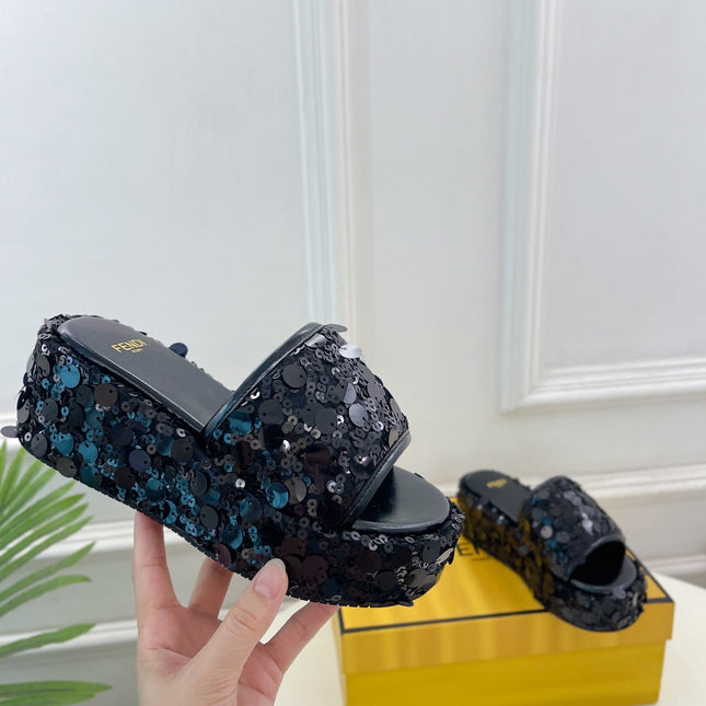 FENDI THICK SOLE 6 CM SEQUIN SLIPPER BLACK