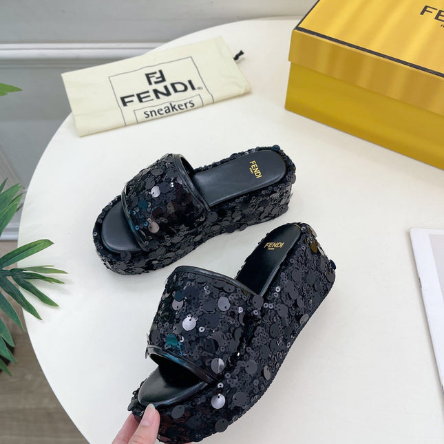 FENDI THICK SOLE 6 CM SEQUIN SLIPPER BLACK