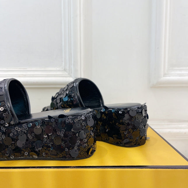 FENDI THICK SOLE 6 CM SEQUIN SLIPPER BLACK