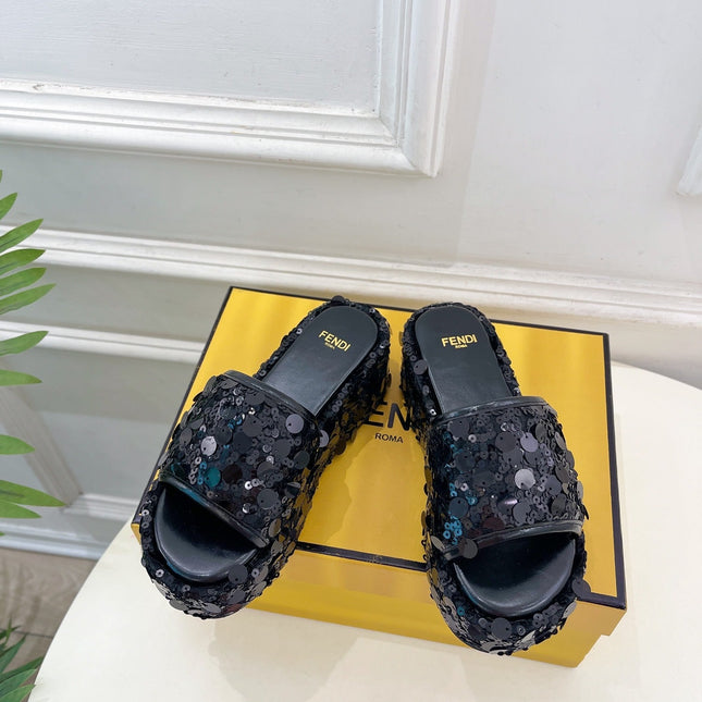 FENDI THICK SOLE 6 CM SEQUIN SLIPPER BLACK