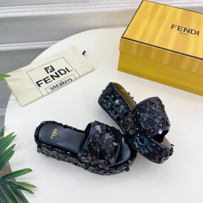 FENDI THICK SOLE 6 CM SEQUIN SLIPPER BLACK