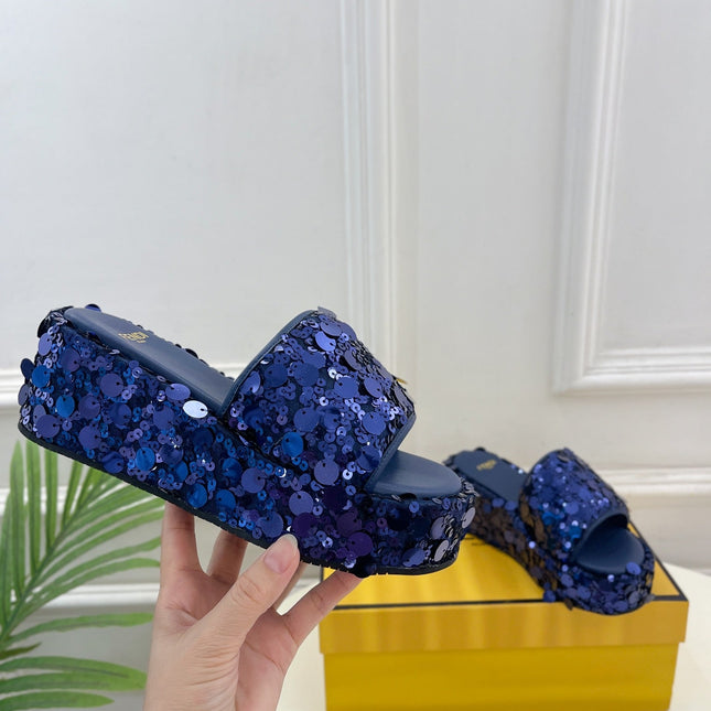 FENDI THICK SOLE 6 CM SEQUIN SLIPPER NAVY BLUE