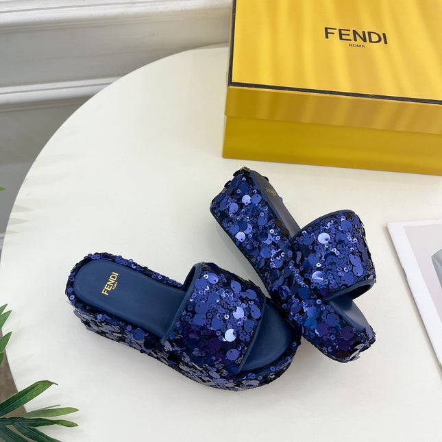 FENDI THICK SOLE 6 CM SEQUIN SLIPPER NAVY BLUE