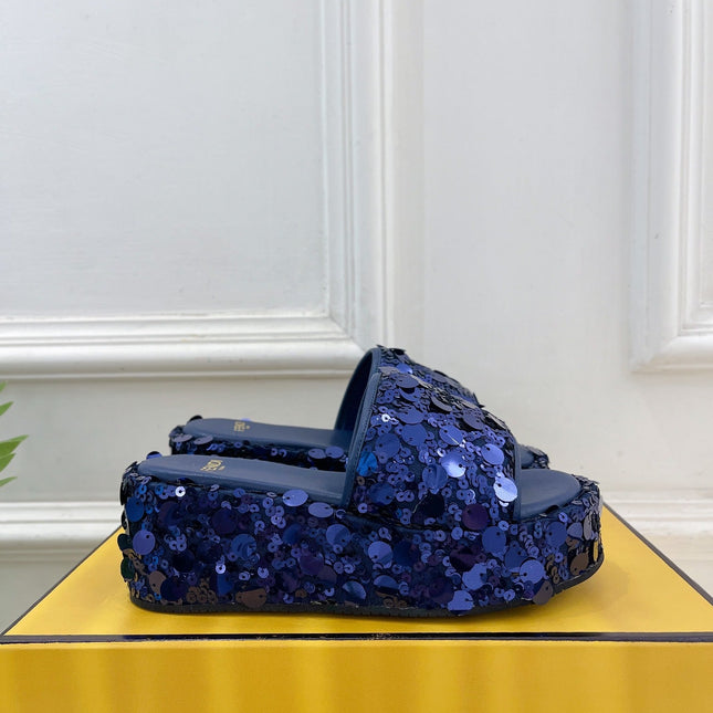 FENDI THICK SOLE 6 CM SEQUIN SLIPPER NAVY BLUE