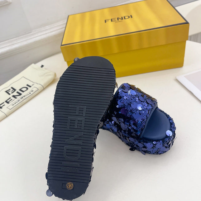 FENDI THICK SOLE 6 CM SEQUIN SLIPPER NAVY BLUE