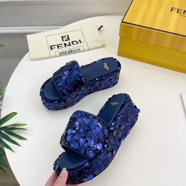FENDI THICK SOLE 6 CM SEQUIN SLIPPER NAVY BLUE