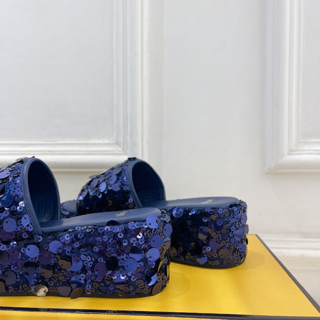 FENDI THICK SOLE 6 CM SEQUIN SLIPPER NAVY BLUE