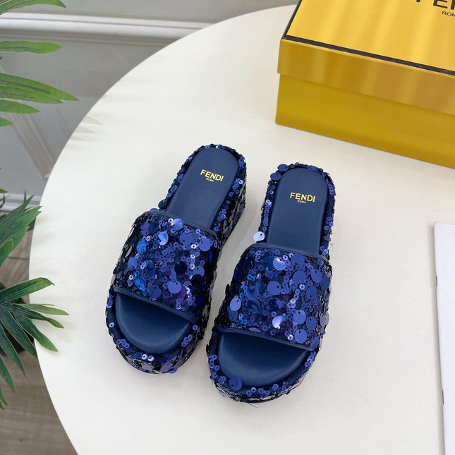 FENDI THICK SOLE 6 CM SEQUIN SLIPPER NAVY BLUE