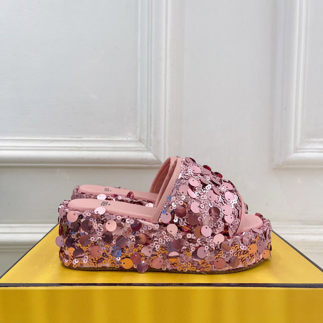 FENDI THICK SOLE 6 CM SEQUIN SLIPPER ROUGH PINK