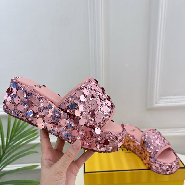 FENDI THICK SOLE 6 CM SEQUIN SLIPPER ROUGH PINK