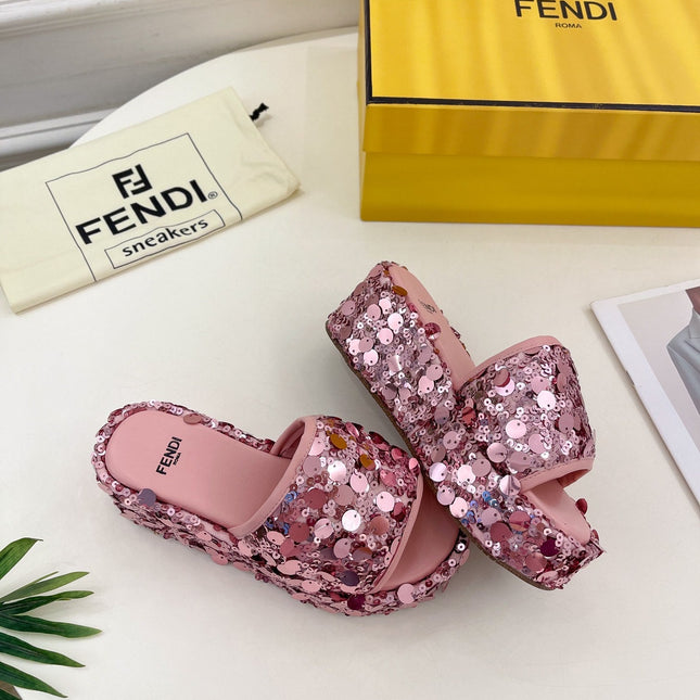 FENDI THICK SOLE 6 CM SEQUIN SLIPPER ROUGH PINK