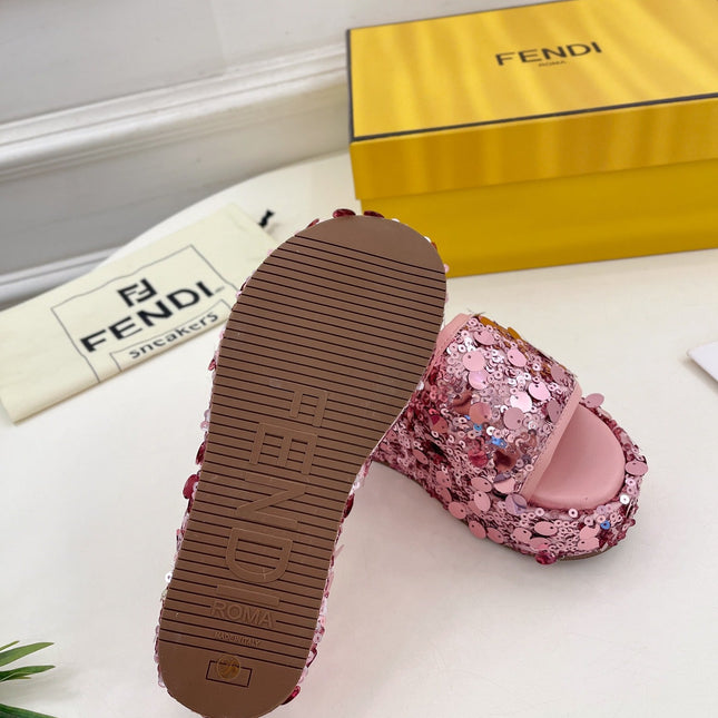 FENDI THICK SOLE 6 CM SEQUIN SLIPPER ROUGH PINK