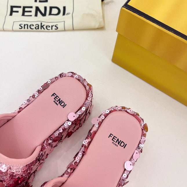 FENDI THICK SOLE 6 CM SEQUIN SLIPPER ROUGH PINK