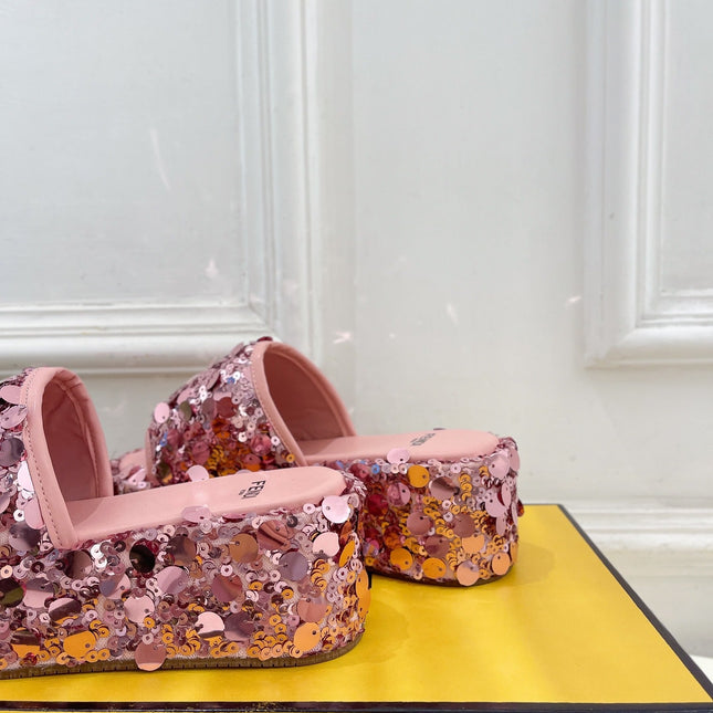 FENDI THICK SOLE 6 CM SEQUIN SLIPPER ROUGH PINK