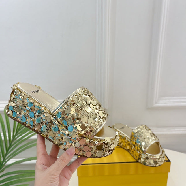 FENDI THICK SOLE 6 CM SEQUIN SLIPPER GOLD