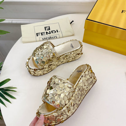 FENDI THICK SOLE 6 CM SEQUIN SLIPPER GOLD