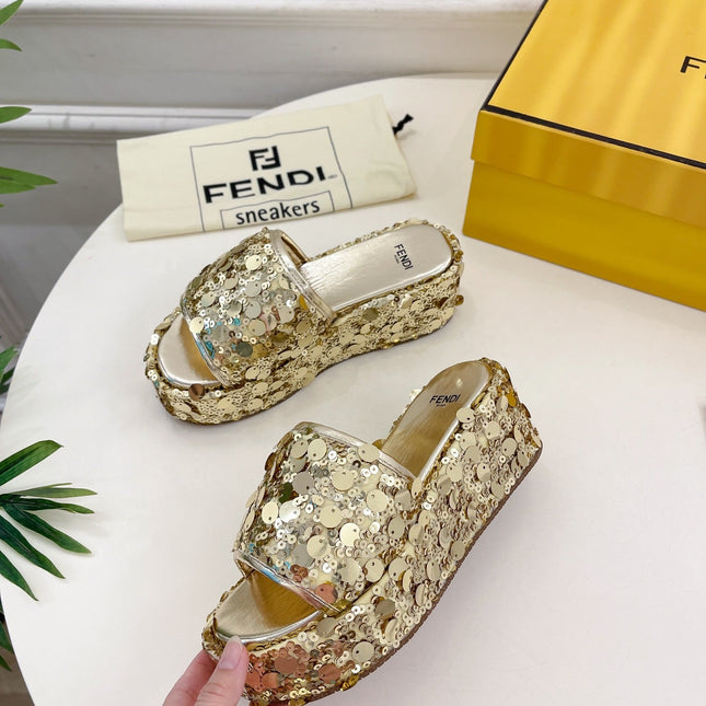 FENDI THICK SOLE 6 CM SEQUIN SLIPPER GOLD