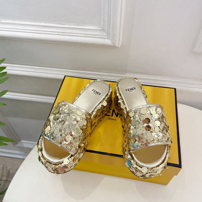 FENDI THICK SOLE 6 CM SEQUIN SLIPPER GOLD