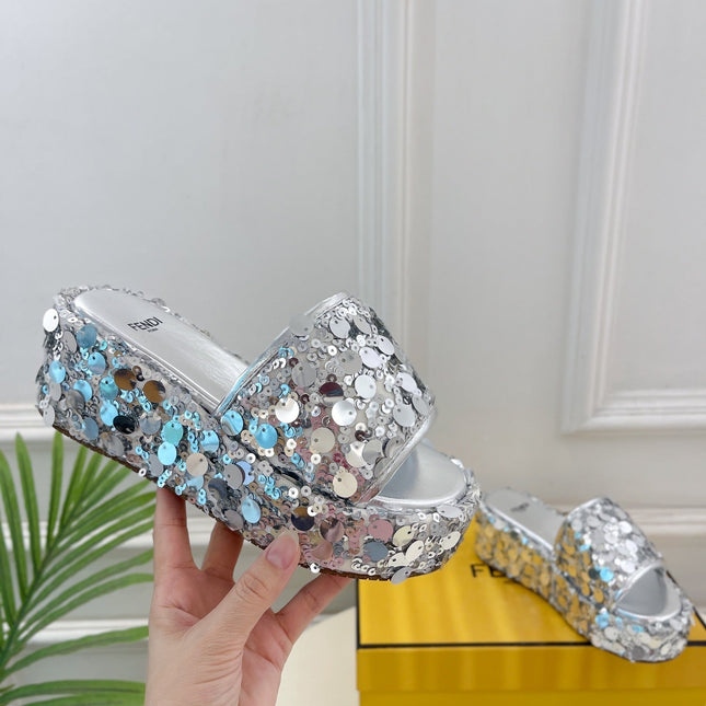 FENDI THICK SOLE 6 CM SEQUIN SLIPPER SILVER