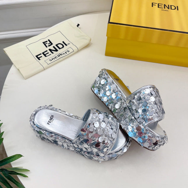 FENDI THICK SOLE 6 CM SEQUIN SLIPPER SILVER